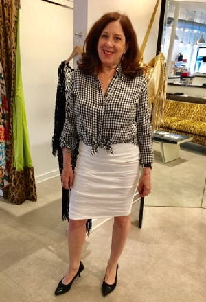 Pattie trying on gingham top and skirt.jpg