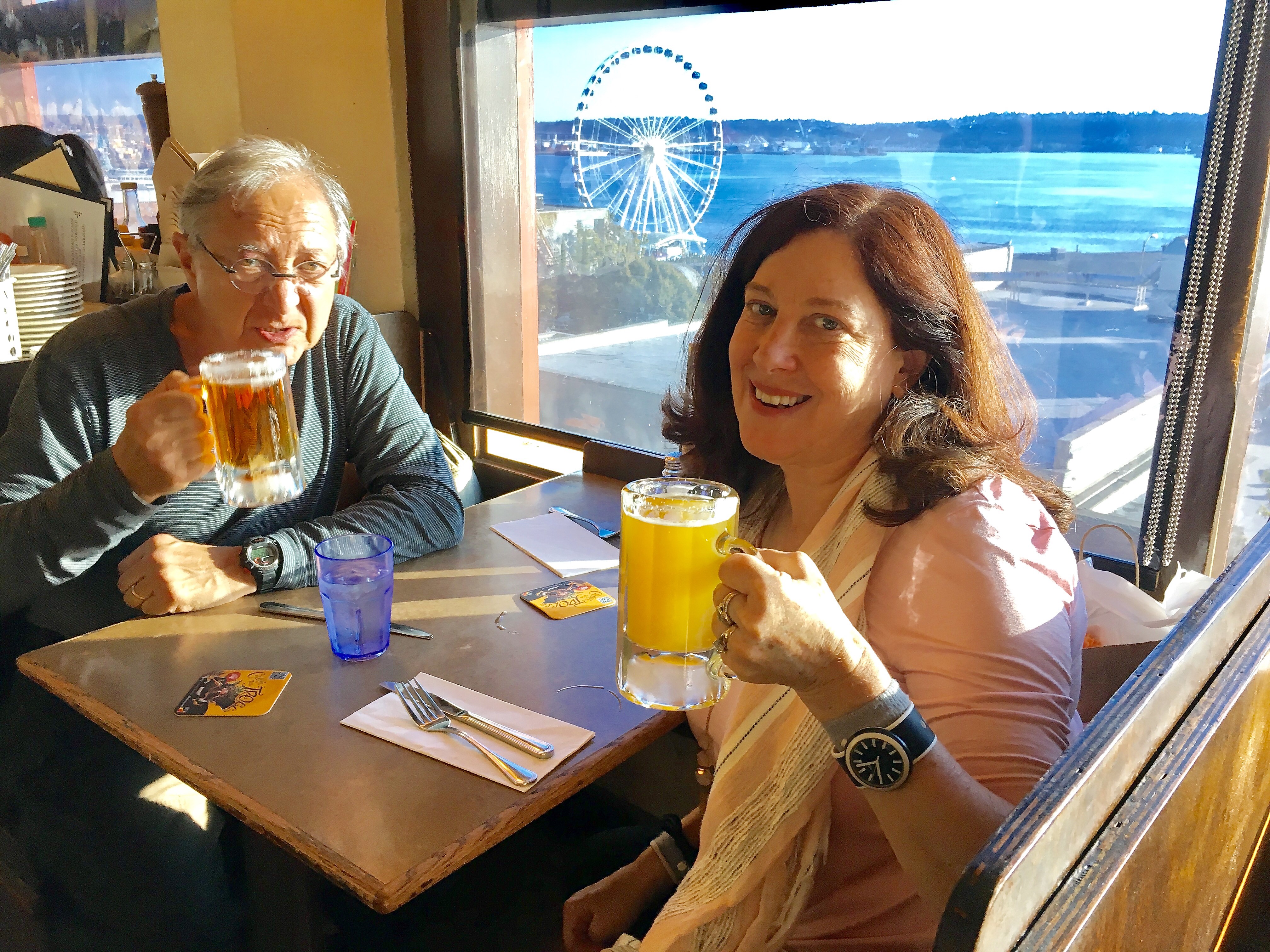 Pattie drinking local brew in Seattle.JPG