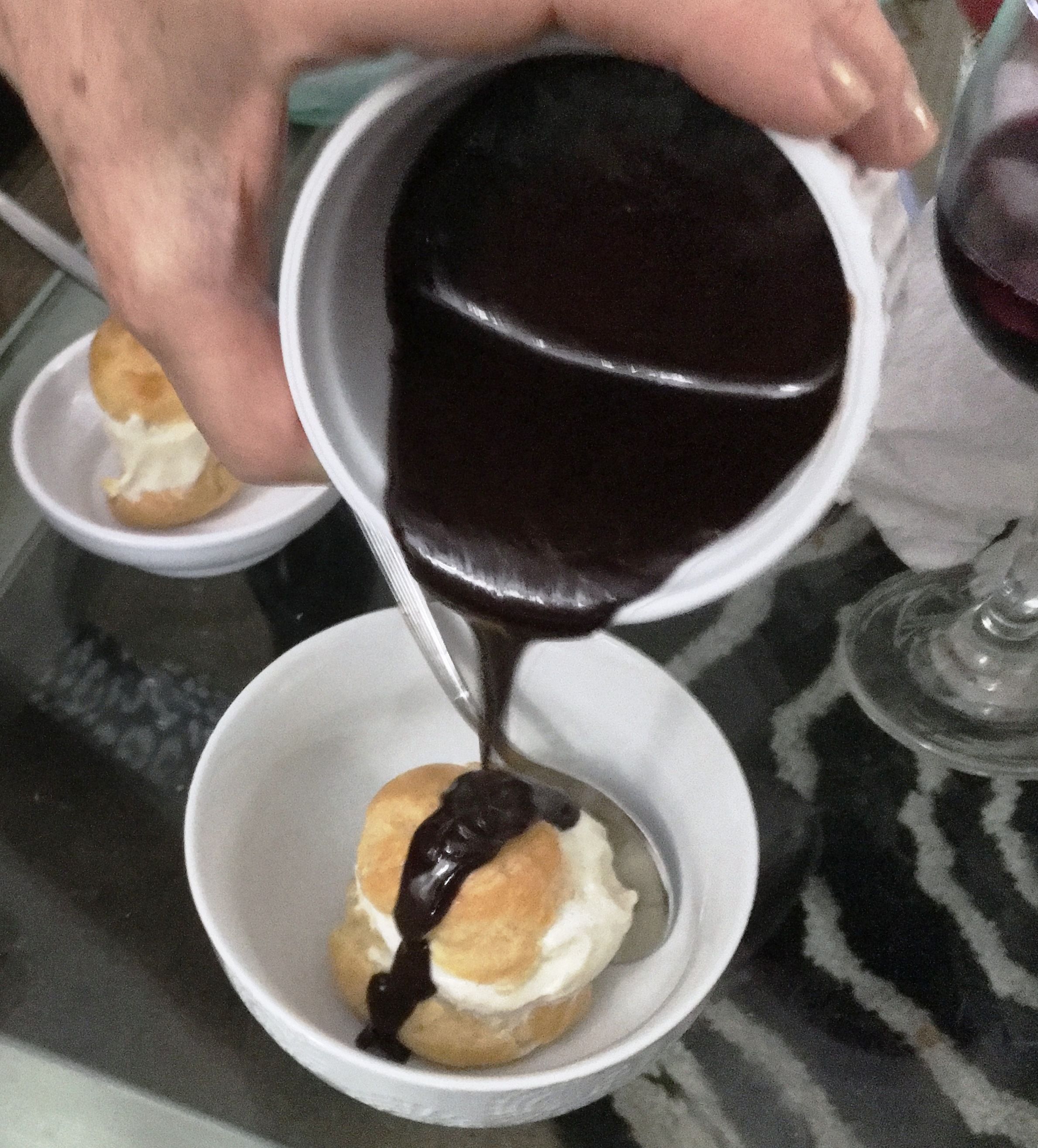 Profiteroles with ice cream and hot fudge.JPG